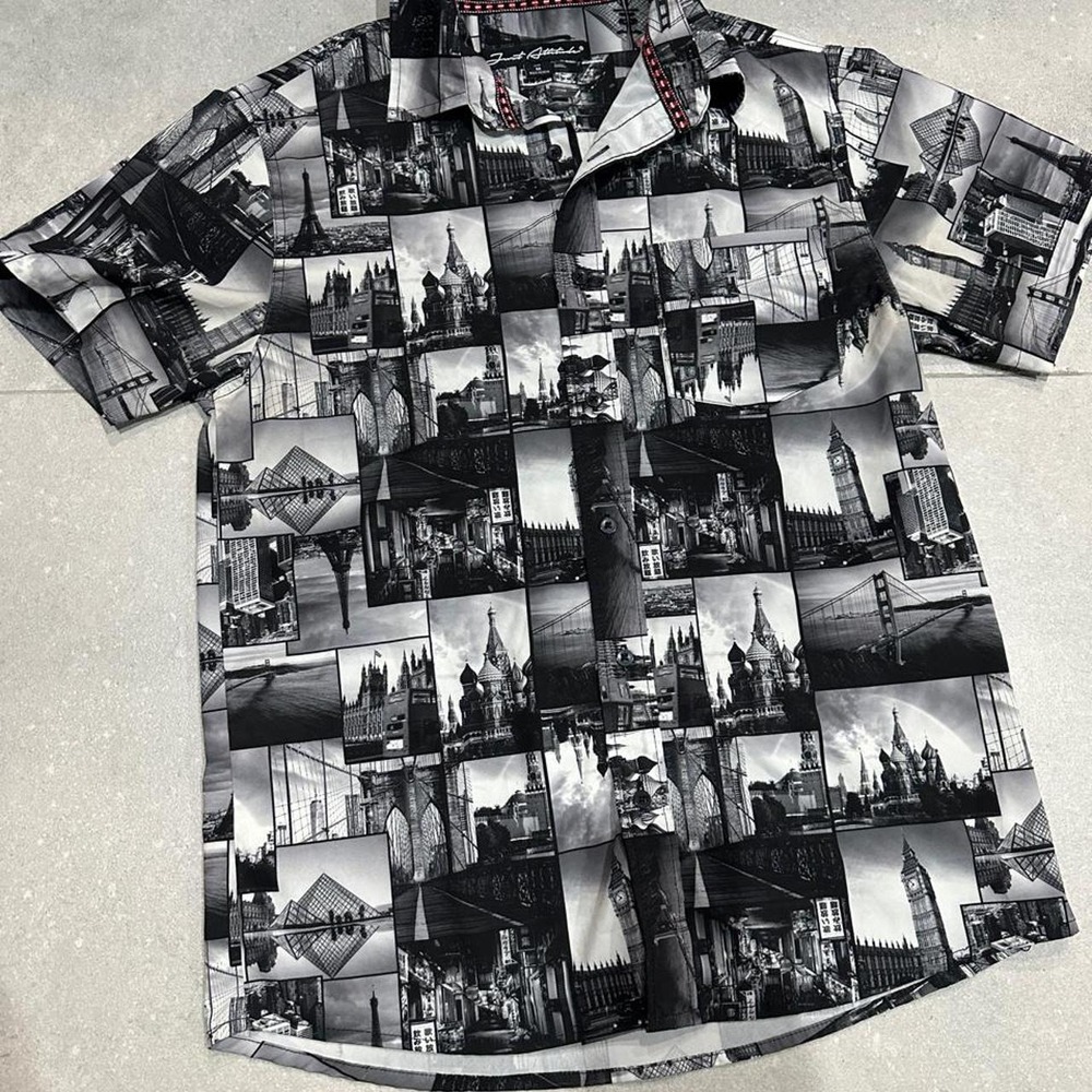 Men's Just Attitude Black & White Collage Button Up Shirt Sz M